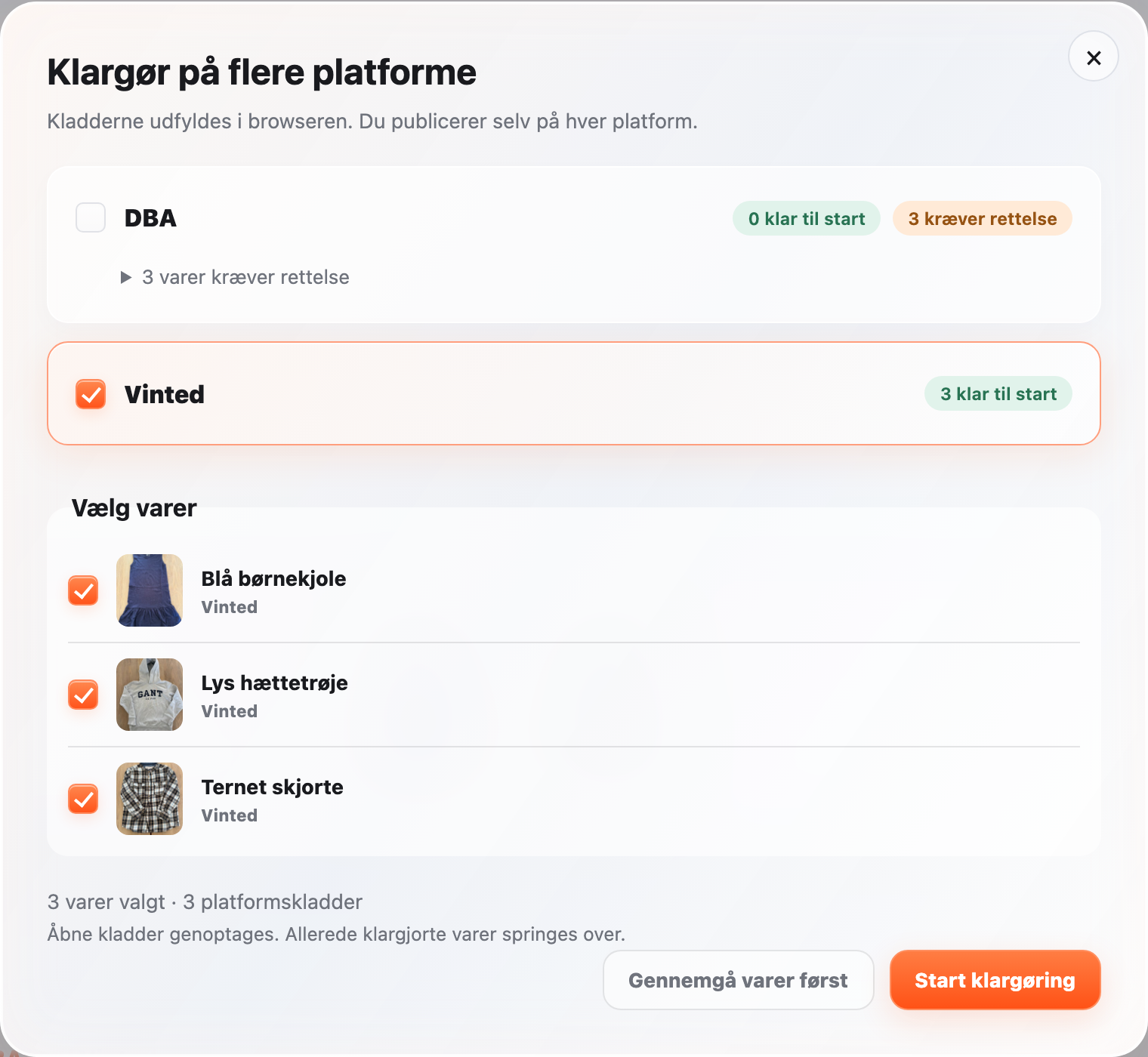 AnnonceBots klargøringsvindue med DBA, Vinted og tre varer med billeder